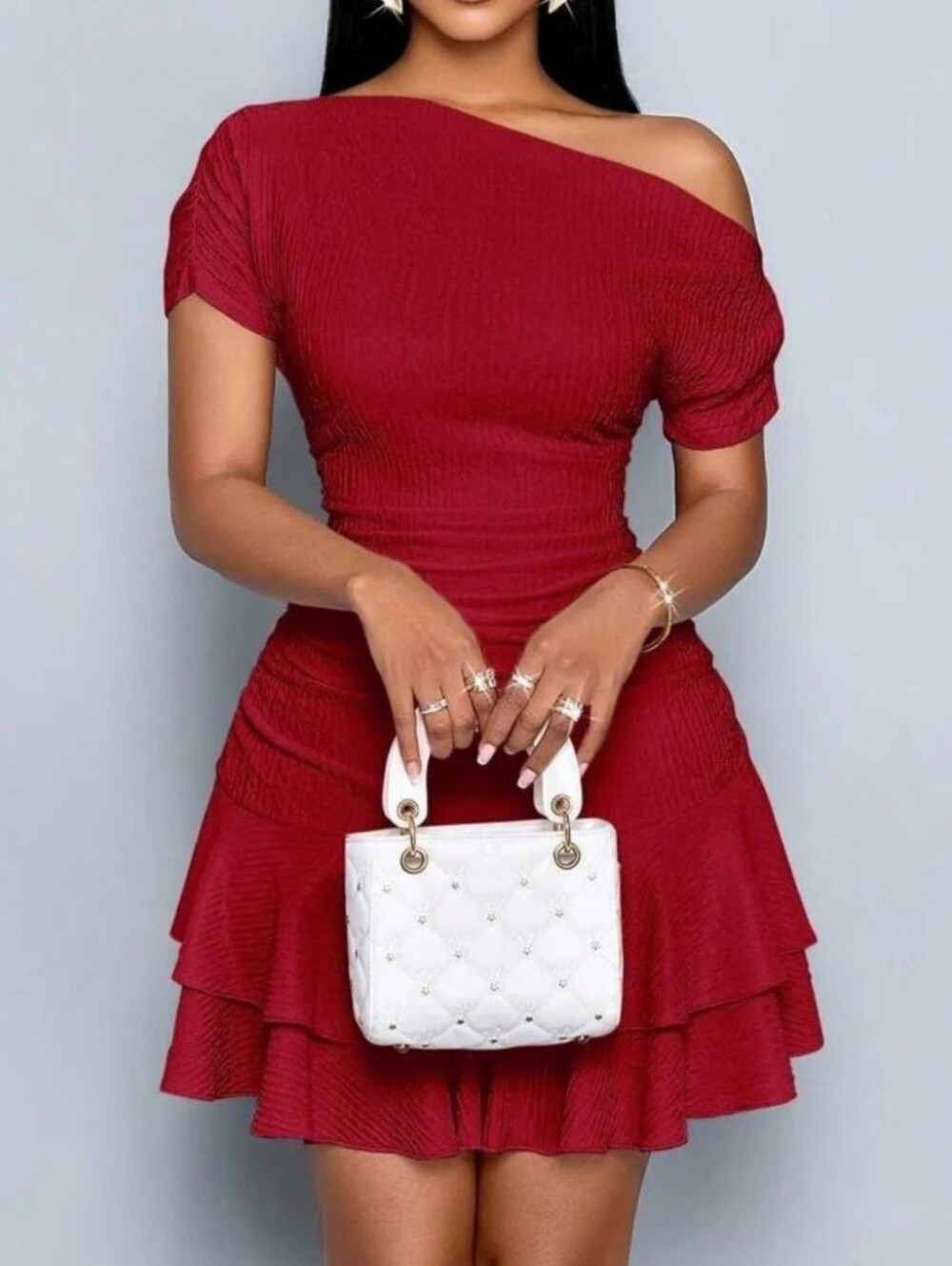 Off-Shoulder Textured Bodycon Ruched Ruffle Hem Dress in Deep Red - Picture 4 of 7